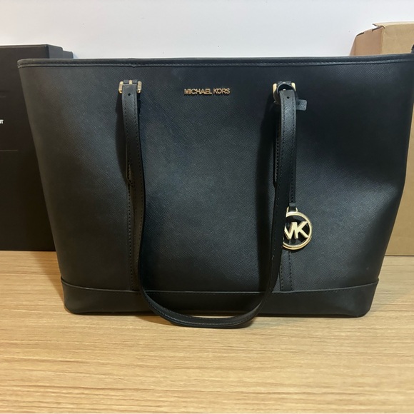 Michael Kors Black Leather Tote with Gold Accents - Picture 2 of 4